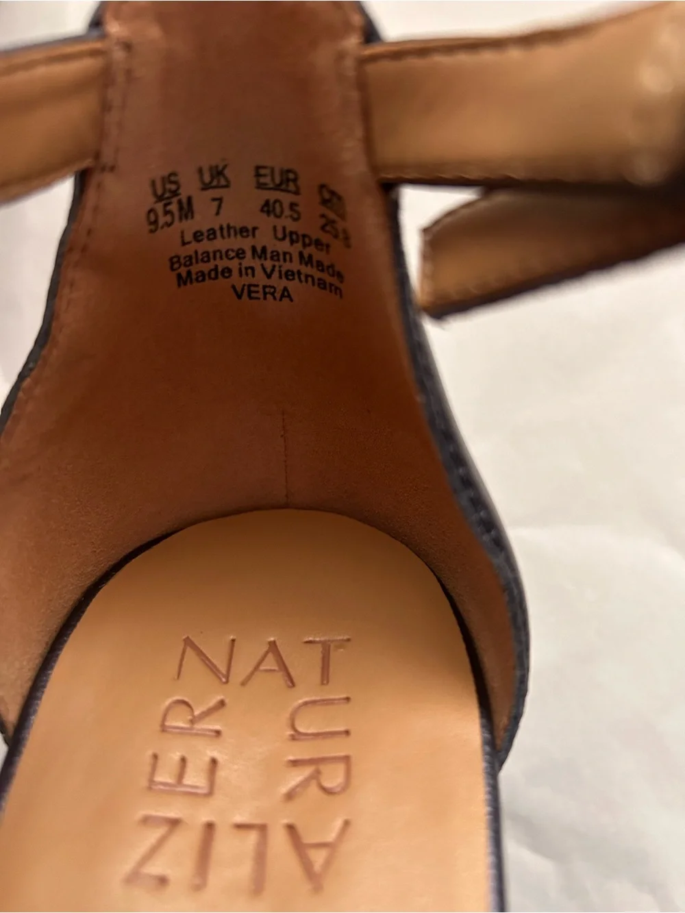 Naturalizer, 2 1/2” heel sandal, navy blue genuine leather, ankle strap, 9 1/2 .